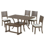 Ensemble de salle à manger 6 pièces avec étagère de rangement et pieds incurvés, ensemble de table de cuisine avec banc et 4 chaises de salle à manger à coussins amovibles