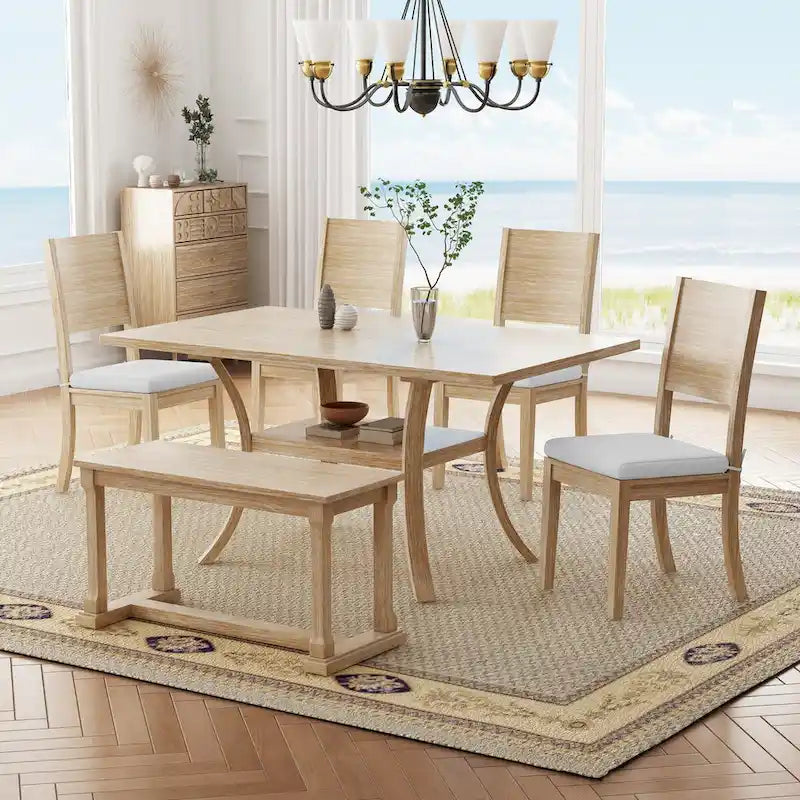Ensemble de salle à manger 6 pièces avec étagère de rangement et pieds incurvés, ensemble de table de cuisine avec banc et 4 chaises de salle à manger à coussins amovibles