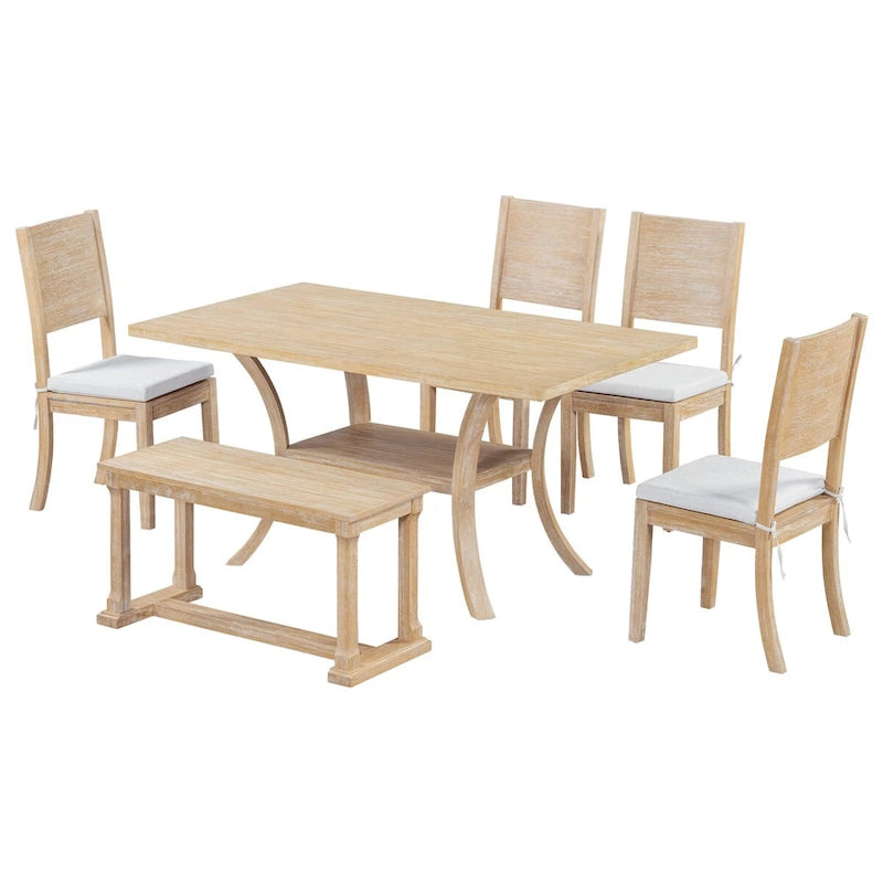Ensemble de salle à manger 6 pièces avec étagère de rangement et pieds incurvés, ensemble de table de cuisine avec banc et 4 chaises de salle à manger à coussins amovibles