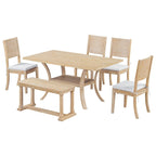 Ensemble de salle à manger 6 pièces avec étagère de rangement et pieds incurvés, ensemble de table de cuisine avec banc et 4 chaises de salle à manger à coussins amovibles