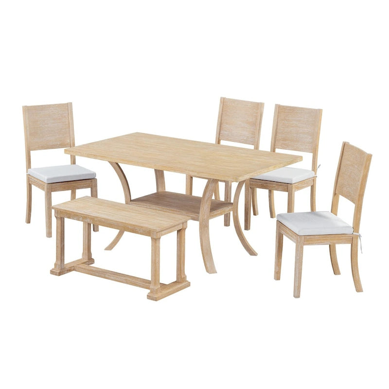 Ensemble de salle à manger 6 pièces avec étagère de rangement et pieds incurvés, ensemble de table de cuisine avec banc et 4 chaises de salle à manger à coussins amovibles