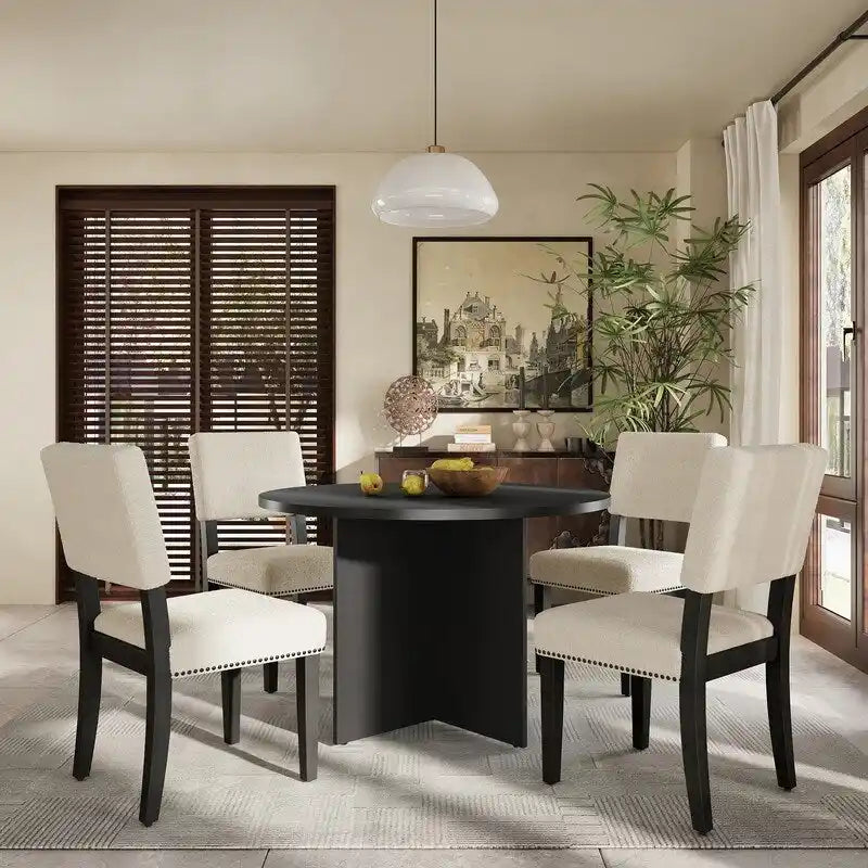 Ensemble de salle à manger rond 5 pièces, ensemble de table de cuisine sur pied avec 4 chaises de salle à manger rembourrées pour studio, appartement, petits espaces