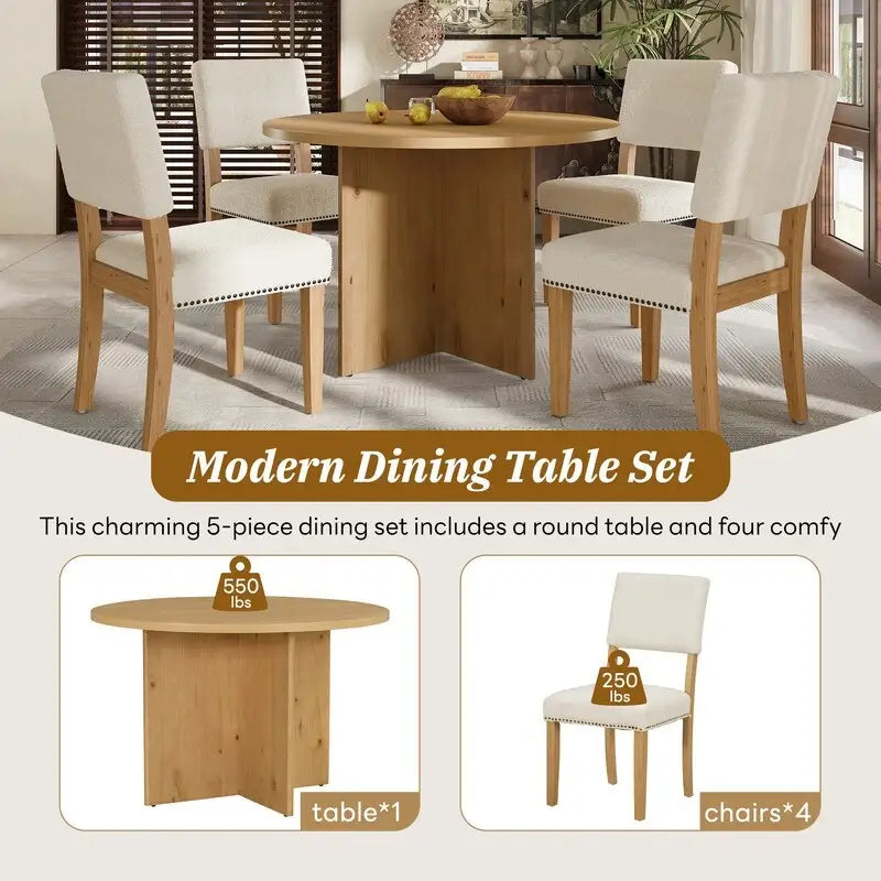 Ensemble de salle à manger rond 5 pièces, ensemble de table de cuisine sur pied avec 4 chaises de salle à manger rembourrées pour studio, appartement, petits espaces