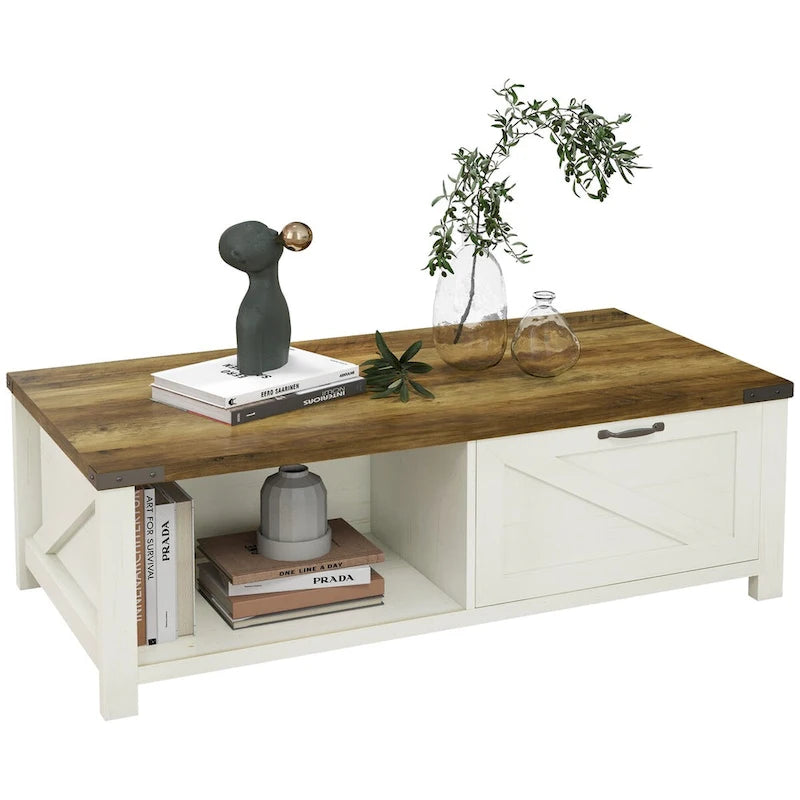 Table basse de style rustique avec rangement et tiroir