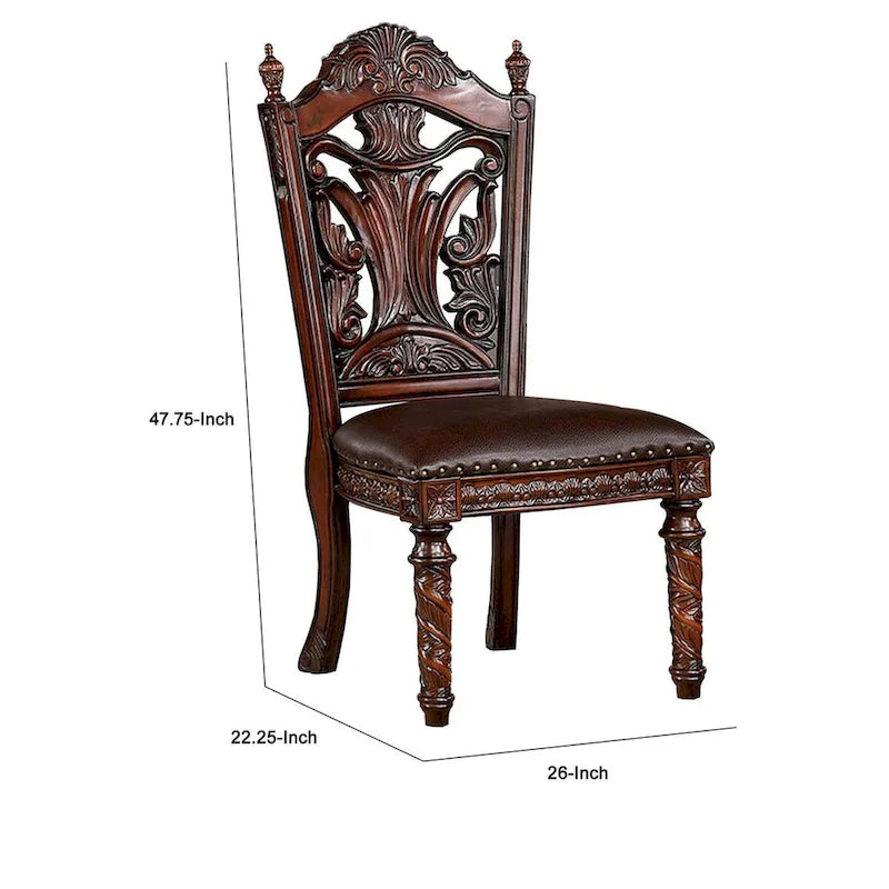 Chaise de salle à manger sculptée de 22 pouces, siège en similicuir, garniture cloutée