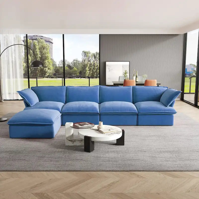 Canapé modulable Cloud, 5 places en plumes et duvet, en velours, avec assise large et profonde, convertible en L.