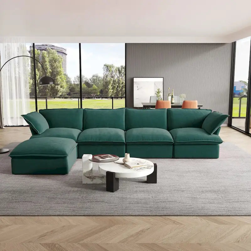 Canapé modulable Cloud, 5 places en plumes et duvet, en velours, avec assise large et profonde, convertible en L.