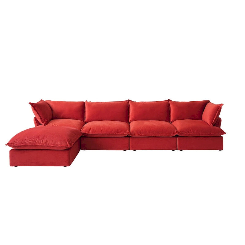 Canapé modulable Cloud, 5 places en plumes et duvet, en velours, avec assise large et profonde, convertible en L.
