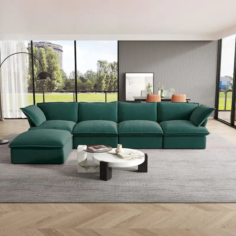 Canapé modulable Cloud, 5 places en plumes et duvet, en velours, avec assise large et profonde, convertible en L.