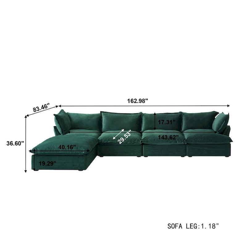 Canapé modulable Cloud, 5 places en plumes et duvet, en velours, avec assise large et profonde, convertible en L.