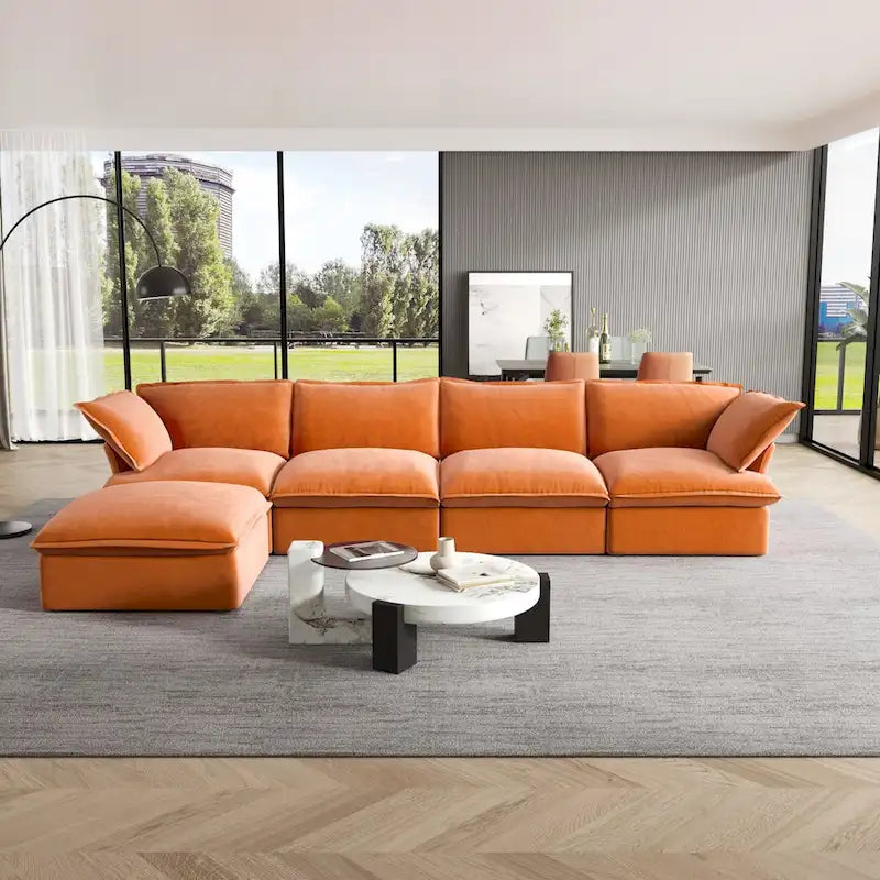 Canapé modulable Cloud, 5 places en plumes et duvet, en velours, avec assise large et profonde, convertible en L.