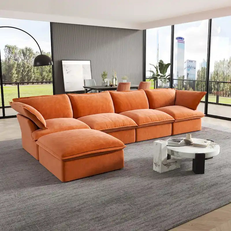 Canapé modulable Cloud, 5 places en plumes et duvet, en velours, avec assise large et profonde, convertible en L.