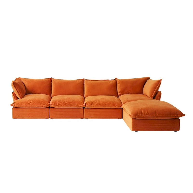 Canapé modulable Cloud, 5 places en plumes et duvet, en velours, avec assise large et profonde, convertible en L.