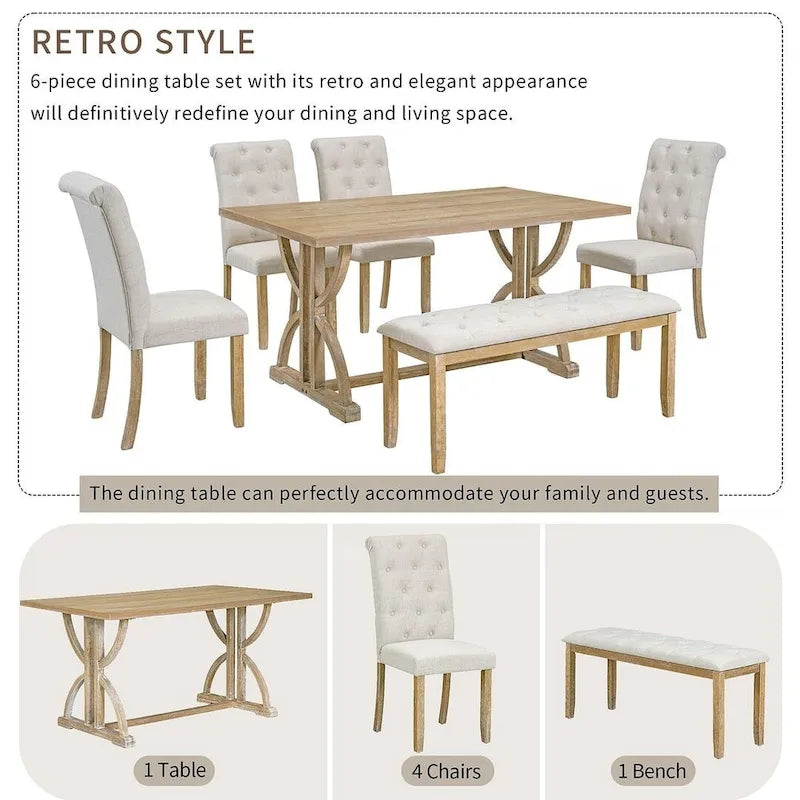 Ensemble de table à manger rectangulaire rétro 6 pièces pour 6 personnes
